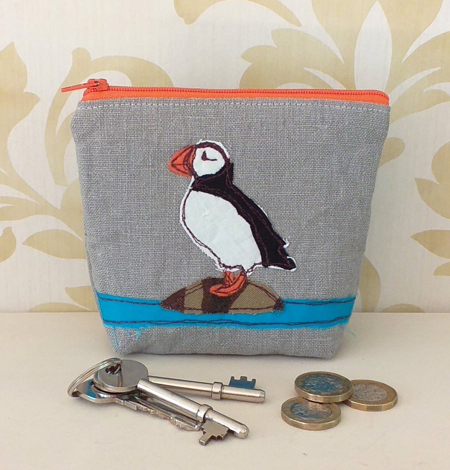 Coin Purse with Embroidered Puffin