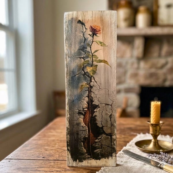 Single Rose Wall Art, Resilience Gift, Gothic Botanical, Photo Transfer Art