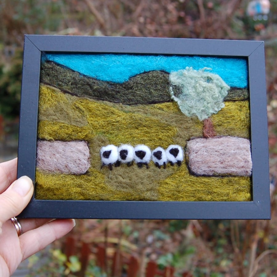 Five sheep stonewall wool painting.  Needlefelt picture