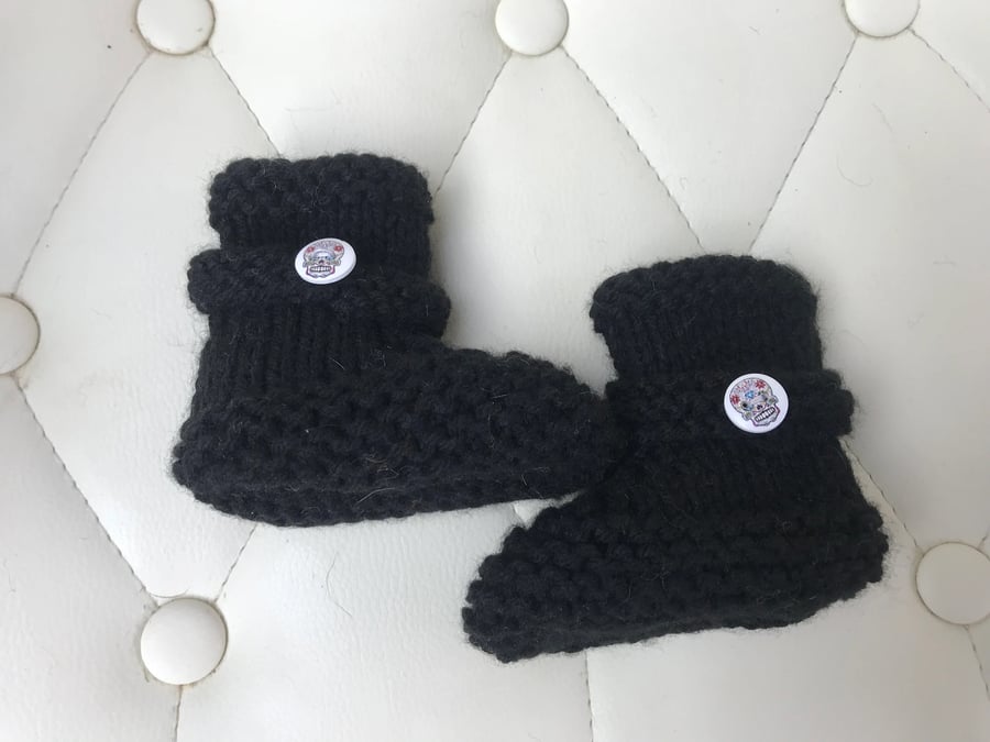 Hand knitted black biker,goth baby booties,skulls ,baby announcement 0-3 