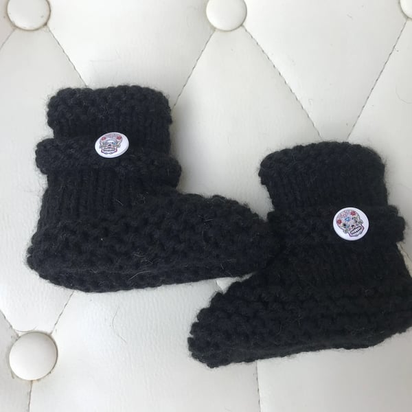 Hand knitted black biker,goth baby booties,skulls ,baby announcement 0-3 