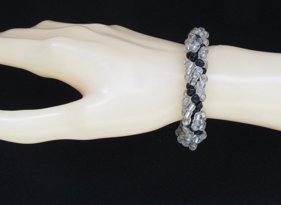 Chunky Beaded Bracelet with Silver Lined & Black Seed Beads, Spiral Rope Weave 
