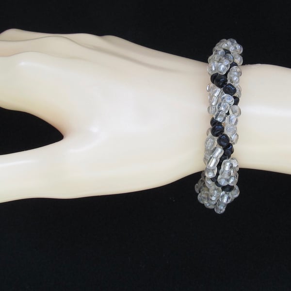 Chunky Beaded Bracelet with Silver Lined & Black Seed Beads, Spiral Rope Weave 