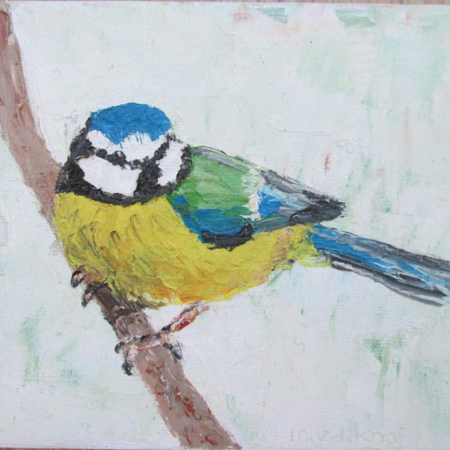 Bluetit Bird Original Oil Painting. Birdwatcher gift