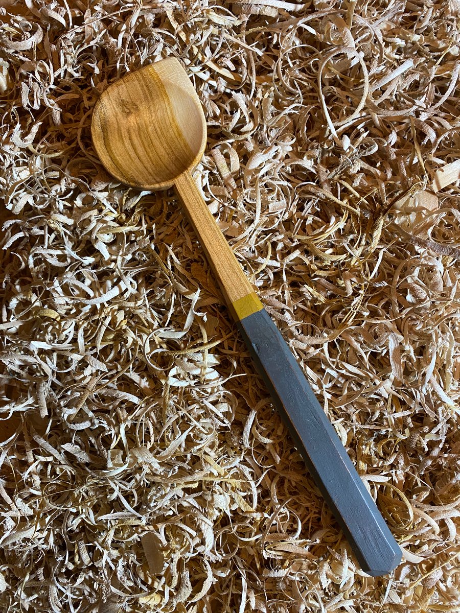 Cherry Wood Cooking Spoon with Grey and Yellow Handle