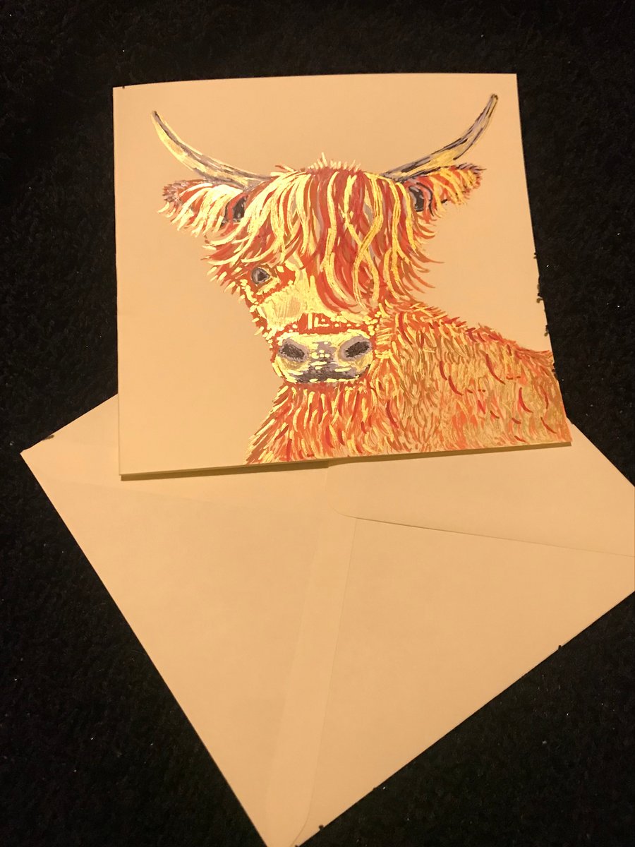 Highland cow blank hand painted card.