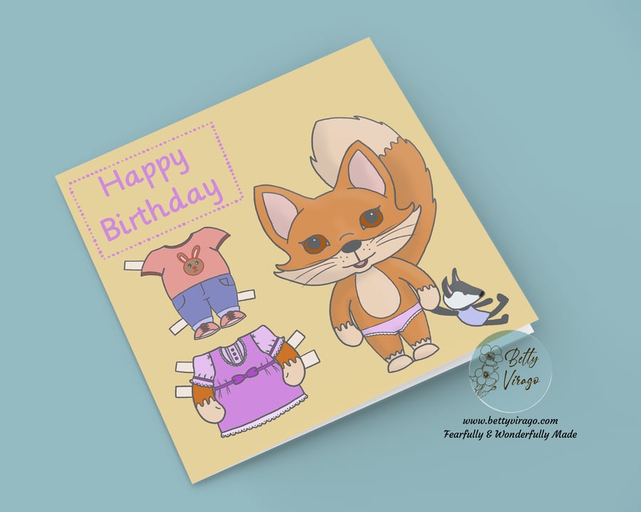 Fox Birthday paper dress up doll card