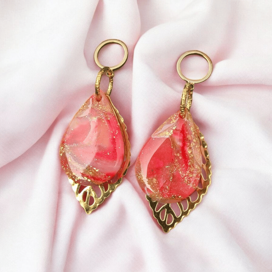 Coral Tear Drop with gold leaf charm, handmade polymer clay Earring