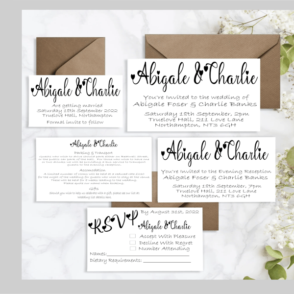 Heart Wedding Invitation Set, Personalised Wedding Stationery, Elegant Wedding