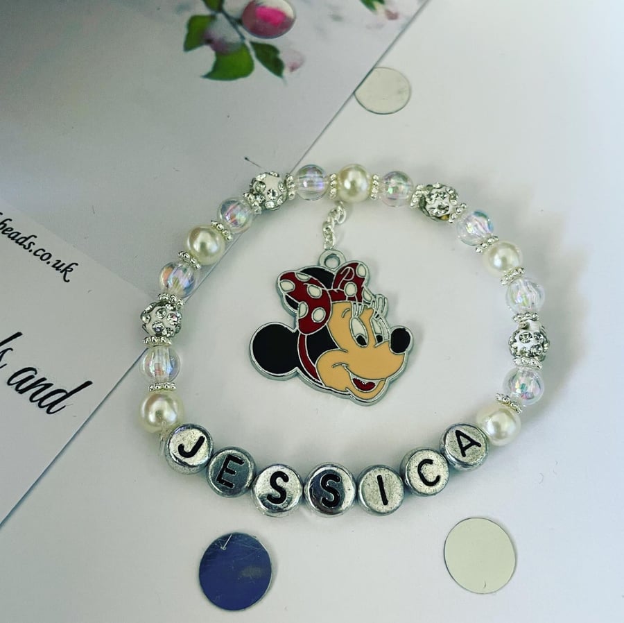 Ivory minnie mouse stretch beaded personalised bracelet all sizes