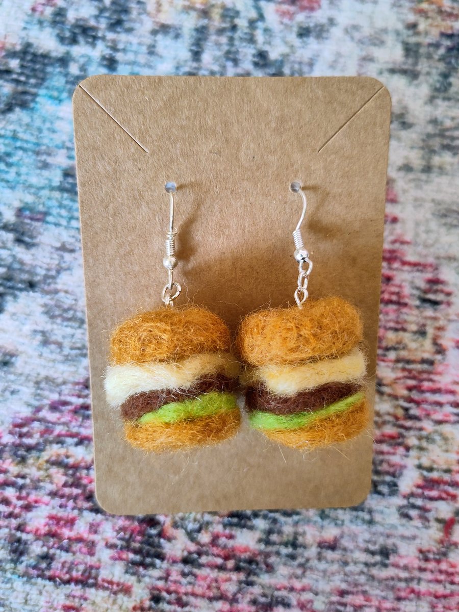 Needle-felted burger earrings