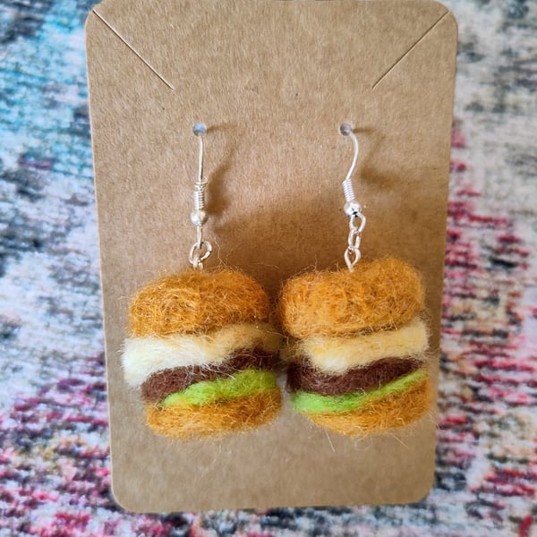 Needle-felted burger earrings