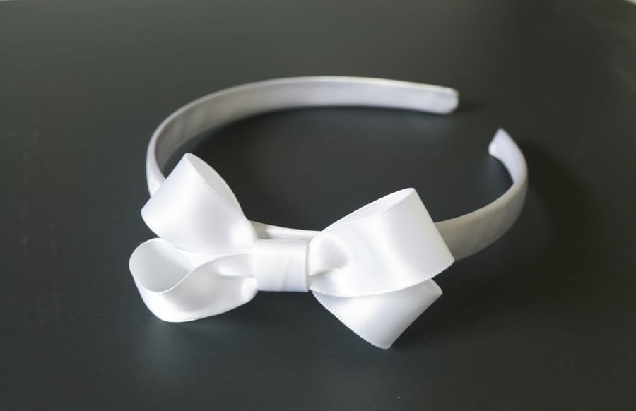 Alice band for holly communion, baptism white satin bow hair band 