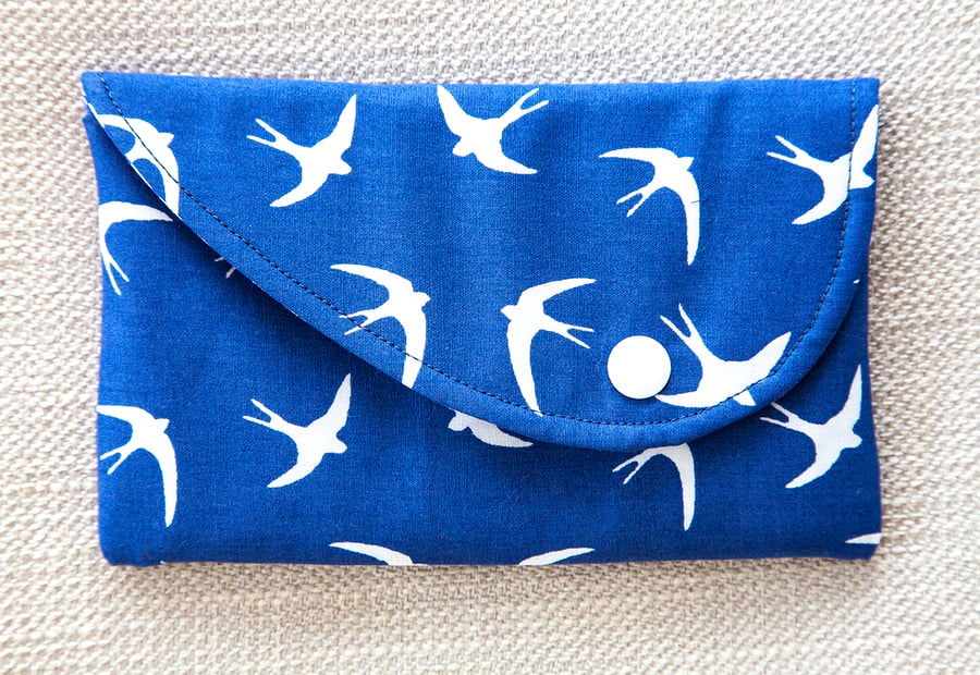 Padded Pouch Blue Swallows Fabric for Mobile Phone Make-Up Credit Cards Tissues