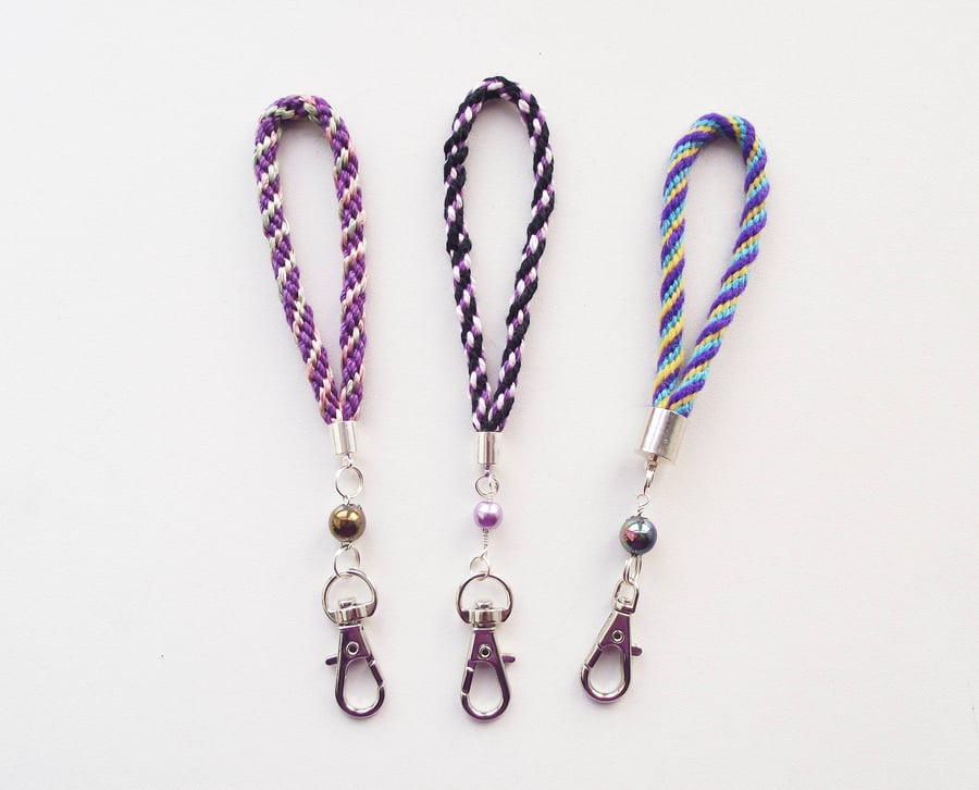 Keyrings or Zip Pulls, Set of Three, Beaded Kumihimo Braided Key Fobs