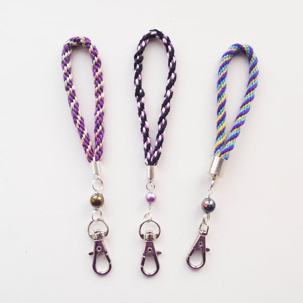 Keyrings or Zip Pulls, Set of Three, Beaded Kumihimo Braided Key Fobs