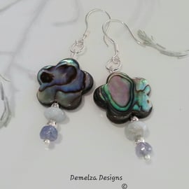 Abalone Shell, Tanzanite & Aquamarine Sterling Silver Earrings 