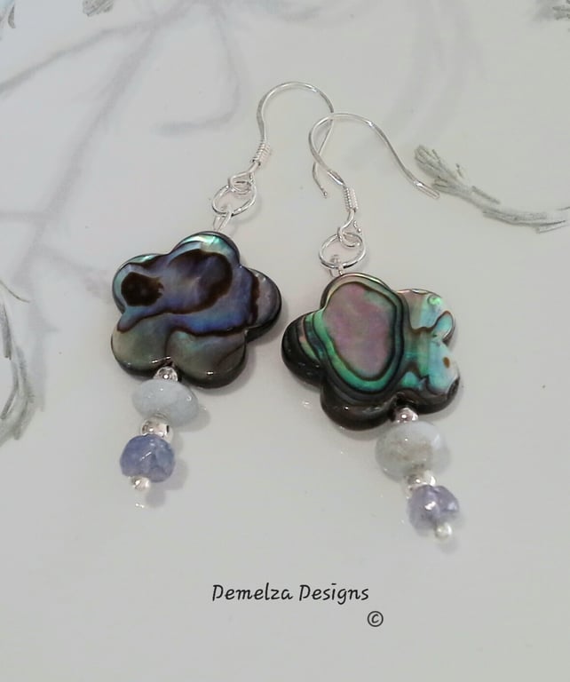 Abalone Shell, Tanzanite & Aquamarine Sterling Silver Earrings