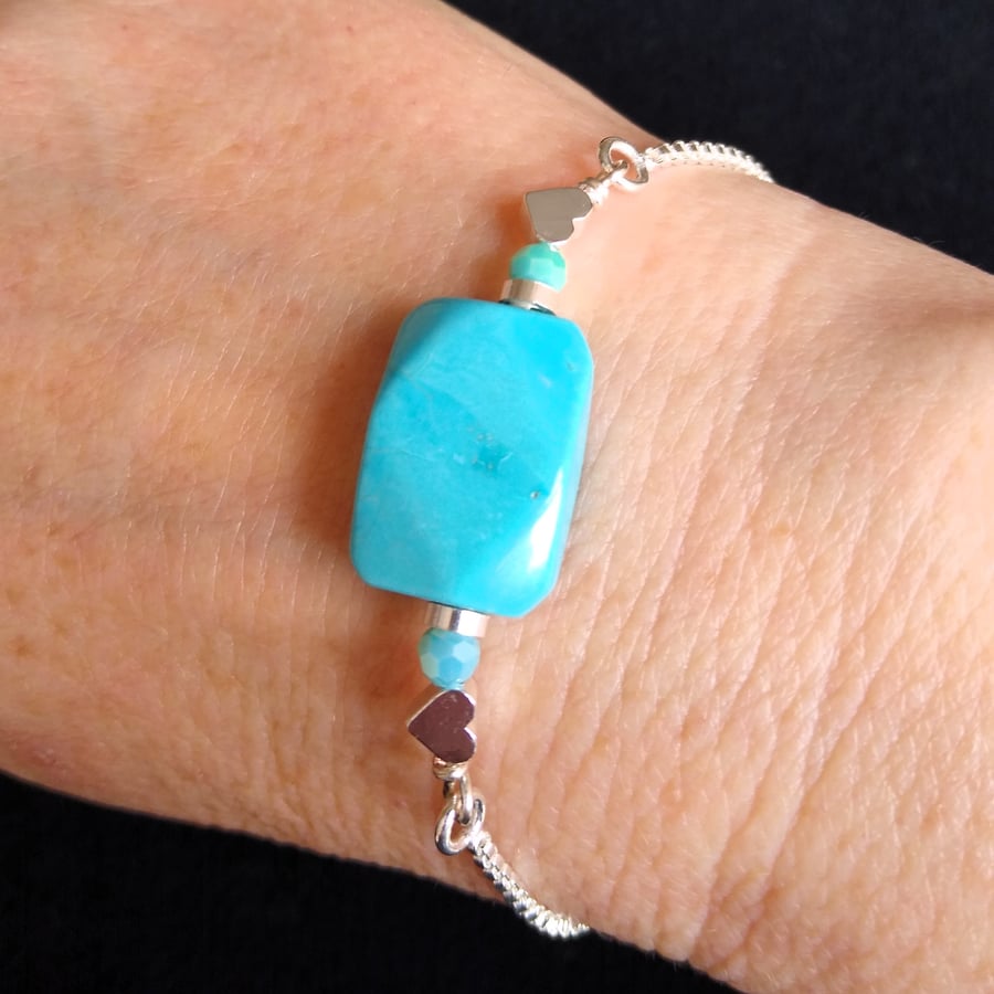 Adjustable Turquoise Magnesite Gemstone Bead Silver Plated Heart Slider Bracelet