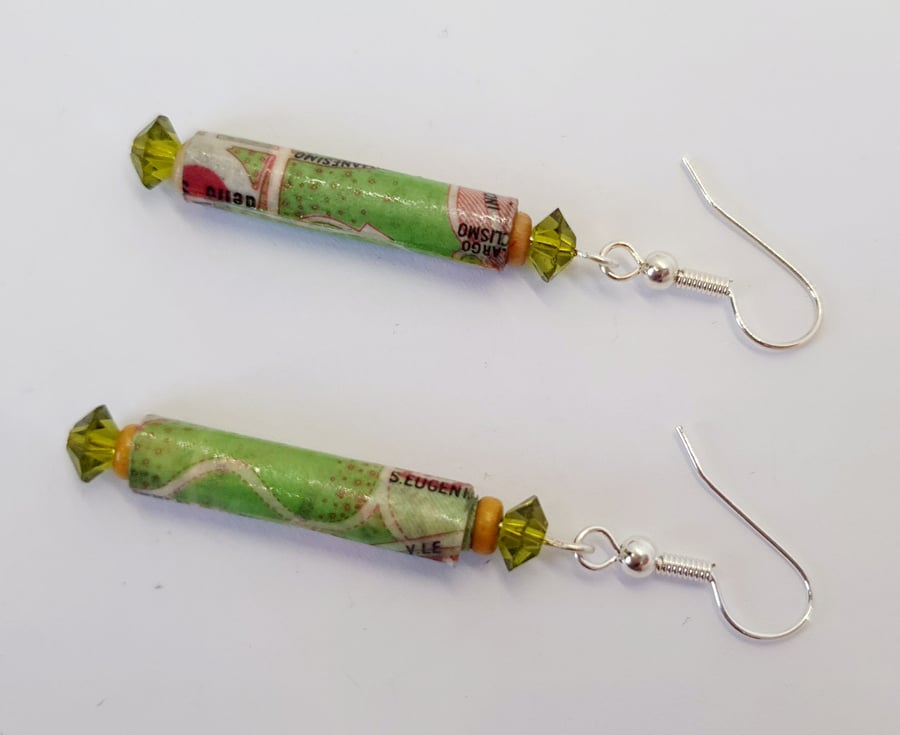 Thin tubular paper beaded earrings made with an old map of Rome