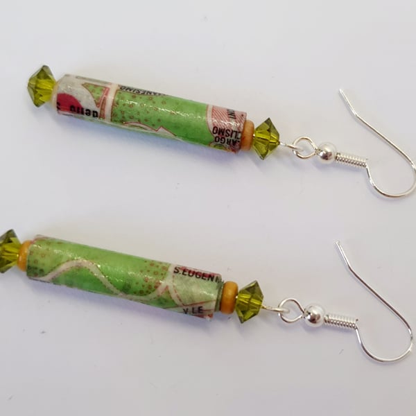 Thin tubular paper beaded earrings made with an old map of Rome