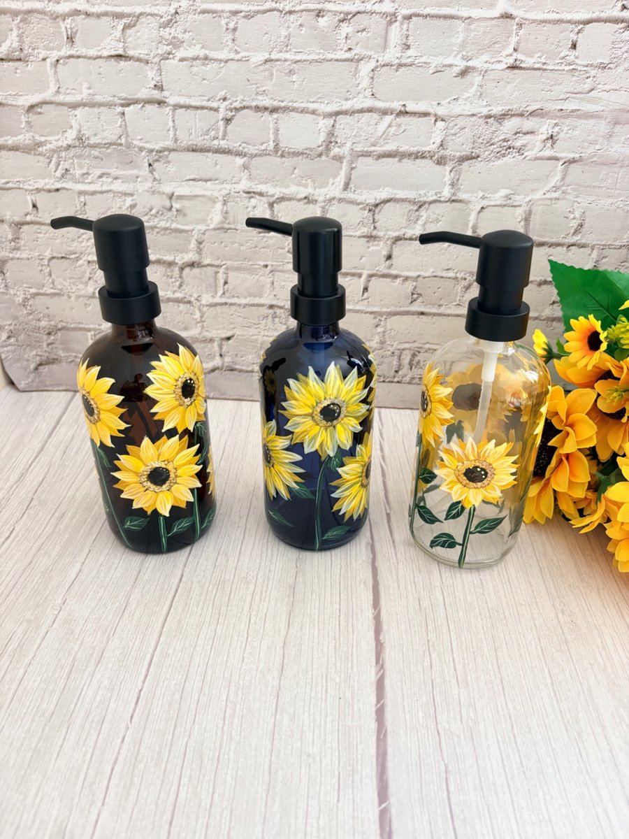 Soap or Lotion Bottle Hand Painted with Sunflowers 