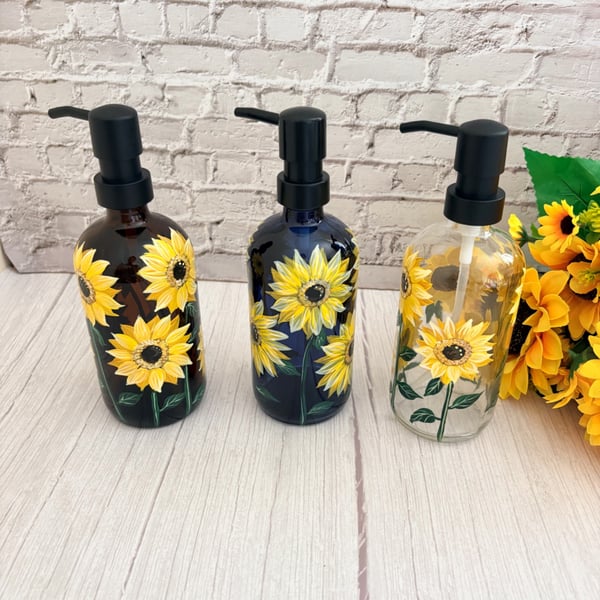 Soap or Lotion Bottle Hand Painted with Sunflowers 