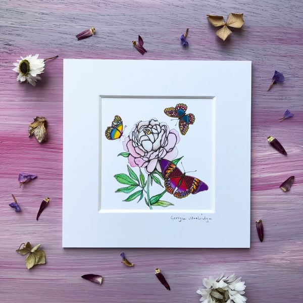 'Peony' 5" x 5" Mounted Print