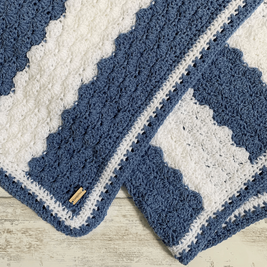 Denim blue and white crochet blanket