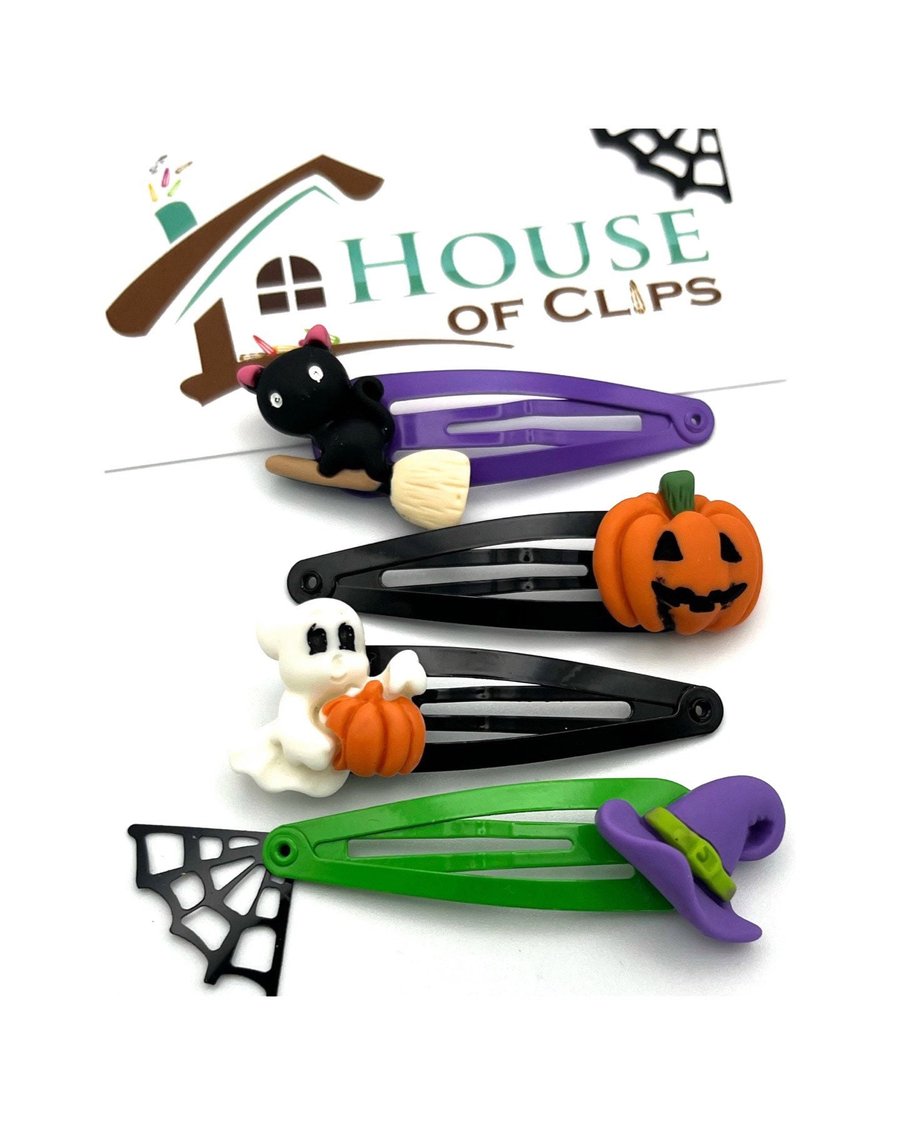 Halloween Hair Clips x4 Gift Set - Halloween Pumpkin Hair Clips - Halloween Witc