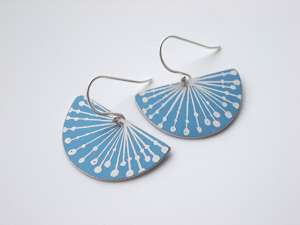 Fan earrings with seed head print in blue and silver