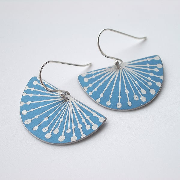 Fan earrings with seed head print in blue and silver
