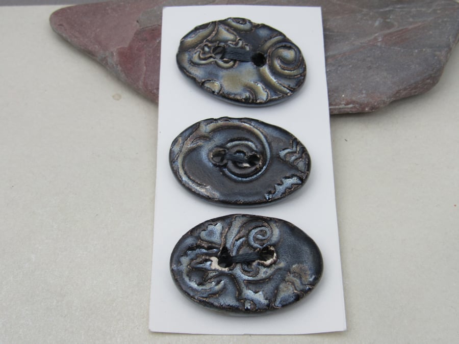 3 Medium Oval Dark Earth Brocade Pattern Ceramic Buttons