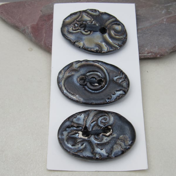3 Medium Oval Dark Earth Brocade Pattern Ceramic Buttons
