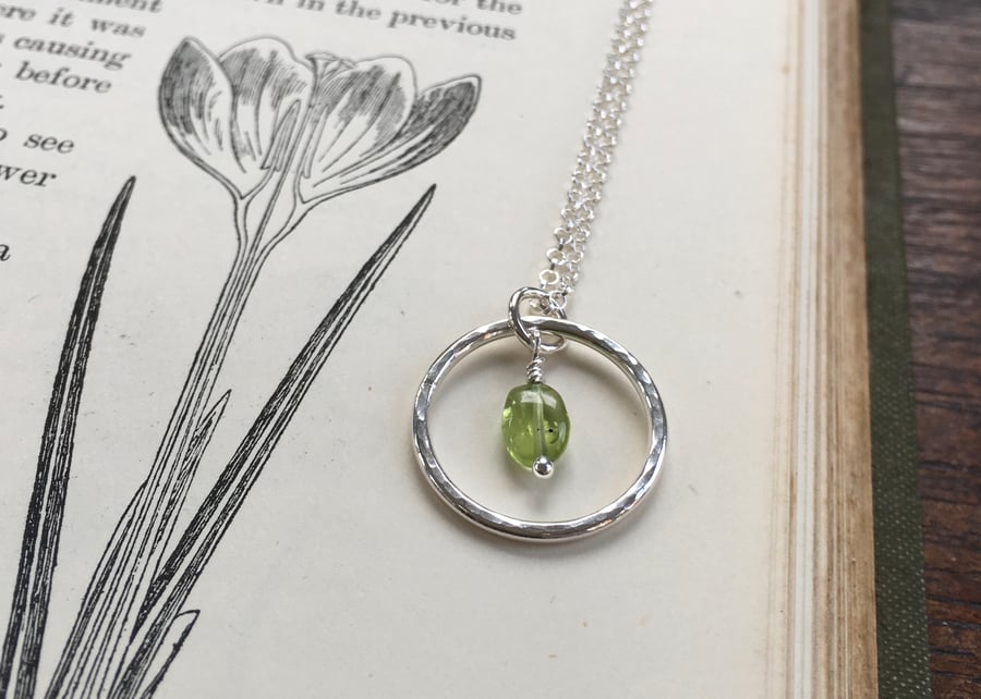 Silver hoop pendant with peridot - recycled silver - August birthday