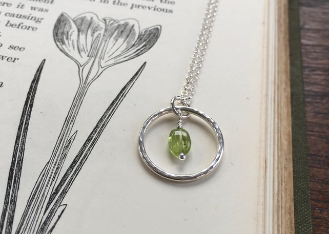 Silver hoop pendant with peridot - recycled silver - August birthday