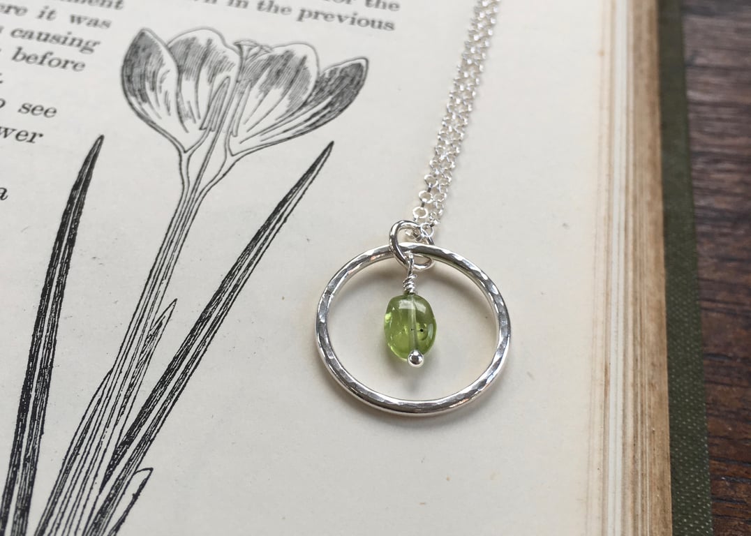 Silver hoop pendant with peridot - recycled silver - August birthday