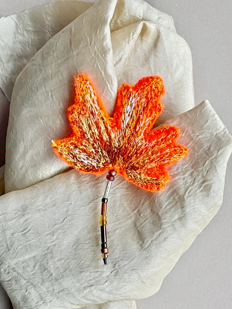 Autumnal maple leaf brooch, felt machine embroidered Fall inspired ladies pin