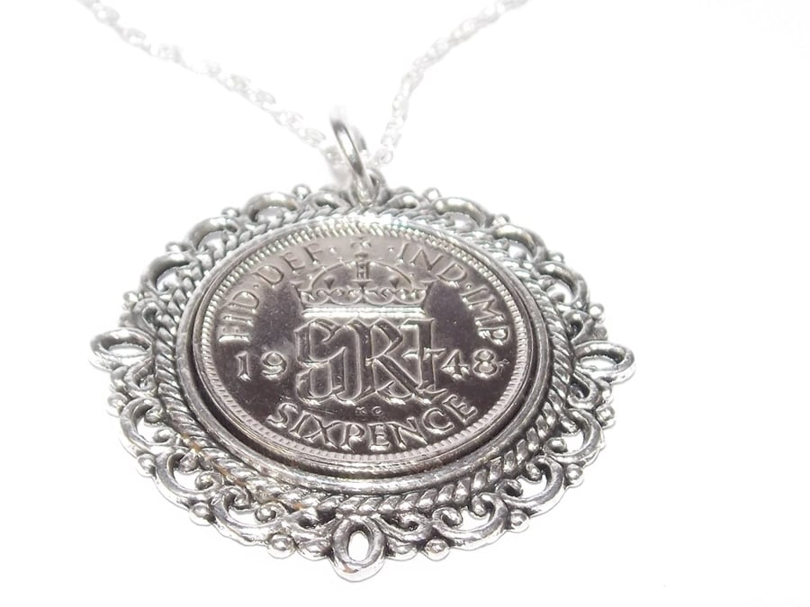 Fancy Pendant 1948 Lucky sixpence 73rd Birthday plus a Sterling Silver 18in Chai