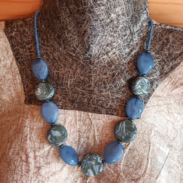 Handmade Forest Green, Silver and Metallic Blue Polymer Clay Disc Necklace