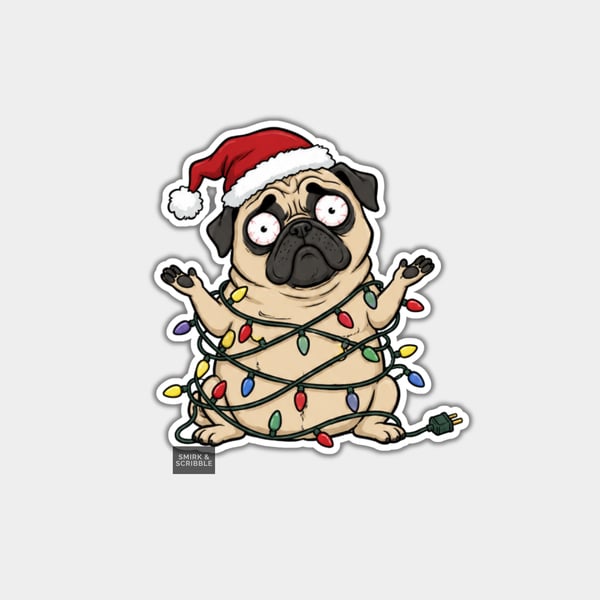Unique Funny Christmas Sticker Xmas Decal - Cheeky Cute Pug Dog