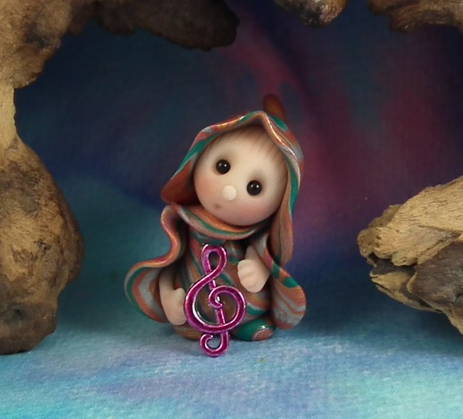 Tiny Musical Gnome 'Martha' with treble clef OOAK Sculpt by Ann Galvin
