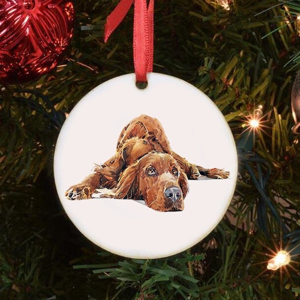 Red Setter Ceramic Circle Tree Decoration. Red Setter Xmas Tree Decoration, Red 