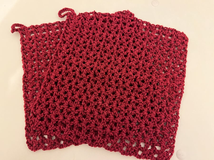 Set of 2 Crochet 100% Cotton Washcloths Wine Red