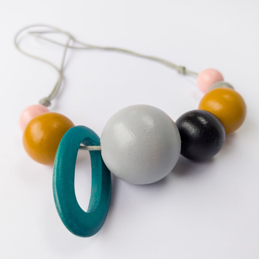 Ava - Chunky wooden necklace in light pink, mustard, teal, black and grey