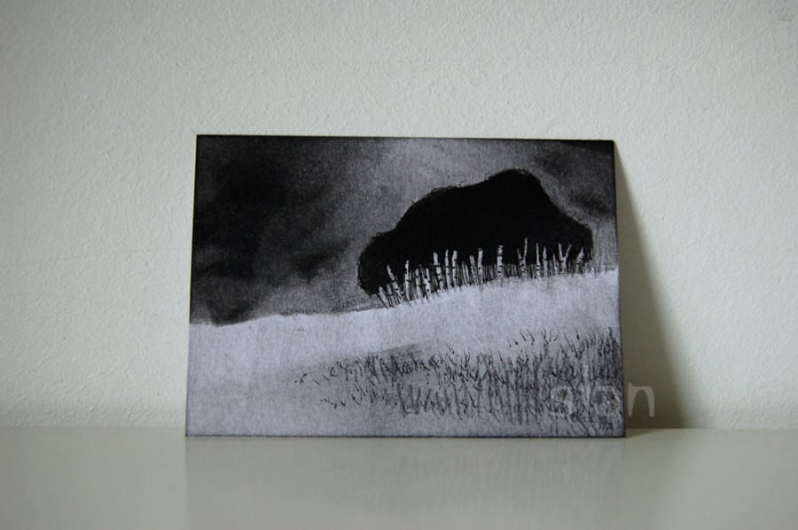 Landscape with birch trees (monochrome) - Original ACEO