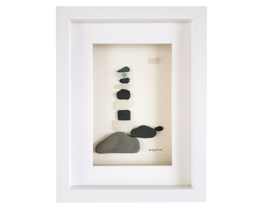 Black & White Lighthouse - Sea Glass And Pebble Picture - Framed Handmade Art