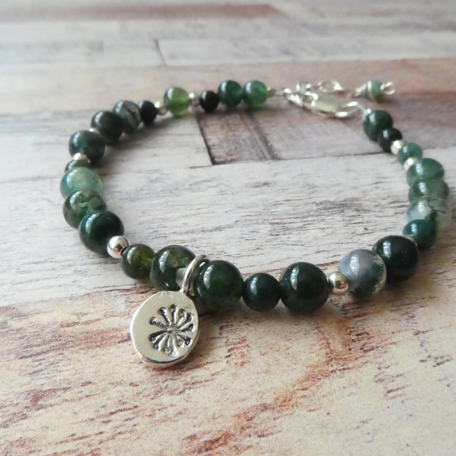 Moss Agate Stacking Bracelet, Sterling Silver Moss Agate Charm Bracelet