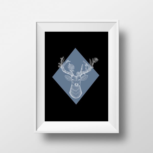 Dotwork Stag Art Print - A4 Geometric Diamond Floral Blue Masculine Illustration
