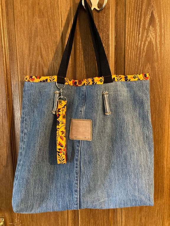 Re purposed authentic Levi denim bag carefully handmade and wristlet key fob.